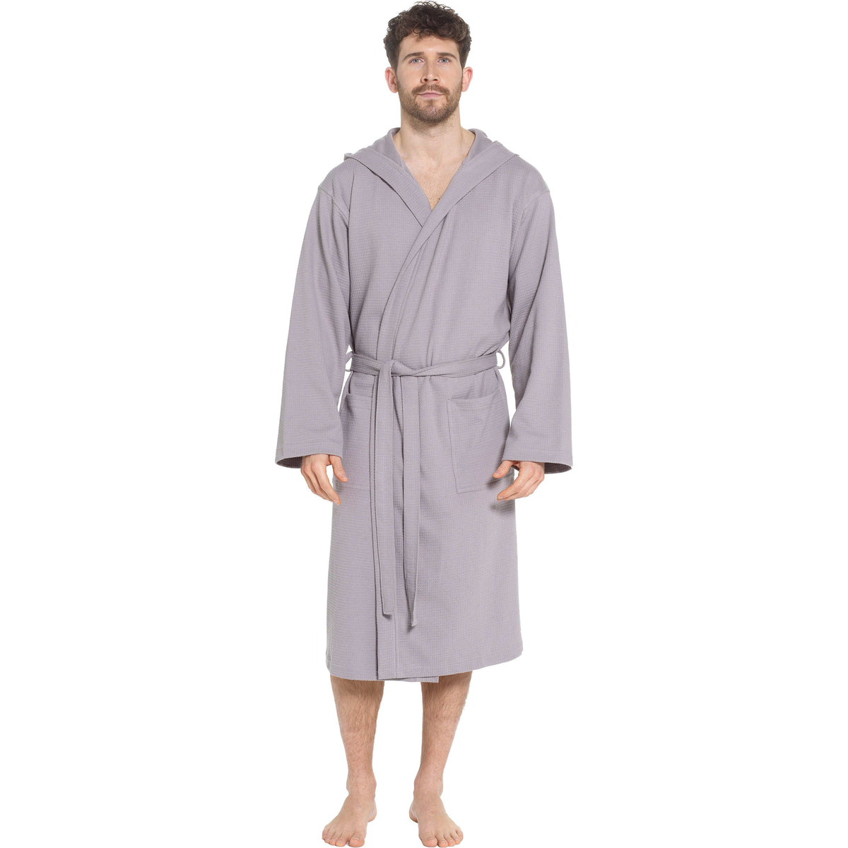OLIVIA ROCCO Men's Hooded Waffle Cotton Bathrobe Grey 100% Cotton Super Absorbent Spa