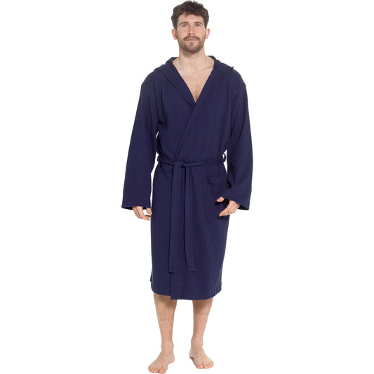 OLIVIA ROCCO Men's Hooded Waffle Cotton Bathrobe Navy Super Absorbent Cosy Easy-Care Nightwear Set