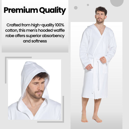 OLIVIA ROCCO Men's Hooded Waffle Cotton Bathrobe White Super Absorbent Spa Robe Cosy Easy-Care Nightwear Set