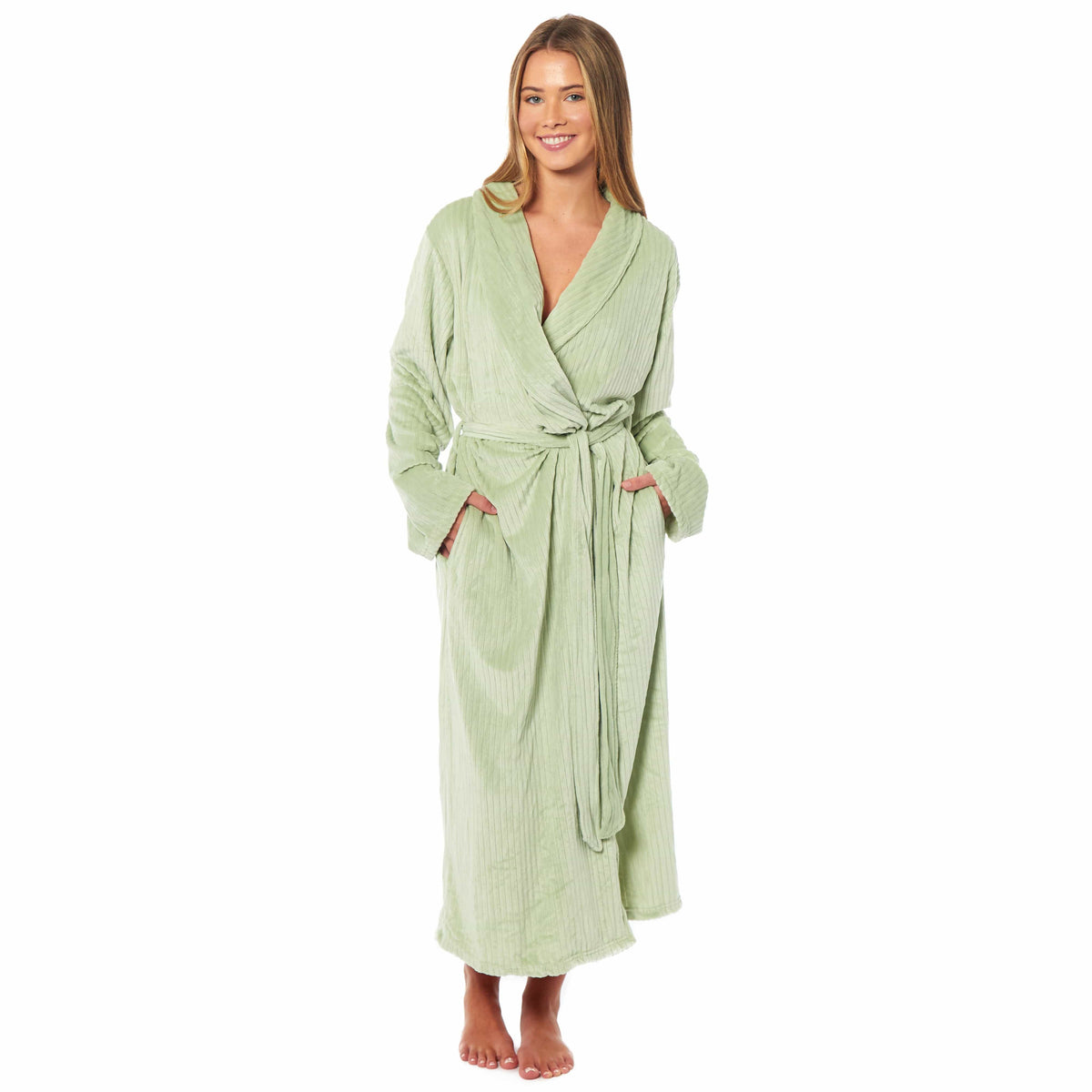 OLIVIA ROCCO Womens Stripe Jacquard Soft Warm Long Dressing Gown With Belt Pockets Shawl