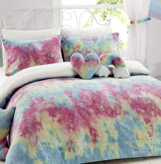 OLIVIA ROCCO Tie Dye Rainbow Teddy Fleece Duvet Set for Kids Reversible Bedding for a Hotel-Style Bedroom Refresh