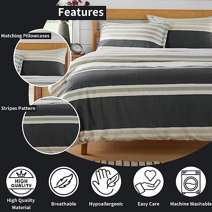 OLIVIA ROCCO Duvet Cover Set Miami Stripes Reversible Hypoallergenic Cotton Blend Grey Super Soft Hotel-Style Finish