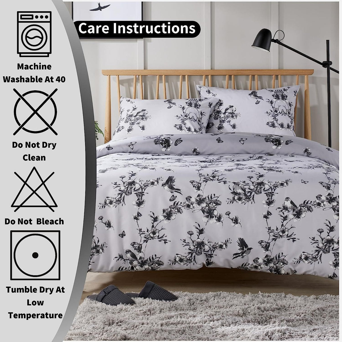 OLIVIA ROCCO Blossom Grey Printed Reversible Quilted Duvet Cover Set Easy Care Hotel-Quality Easy-Care Bedroom