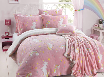 OLIVIA ROCCO Rainbow Unicorn Glow In The Dark Teddy Fleece Duvet Set For Kids Super Soft