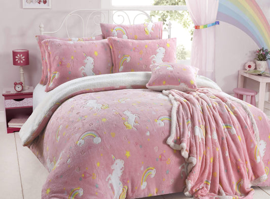 OLIVIA ROCCO Rainbow Unicorn Glow In The Dark Teddy Fleece Duvet Set For Kids Super Soft