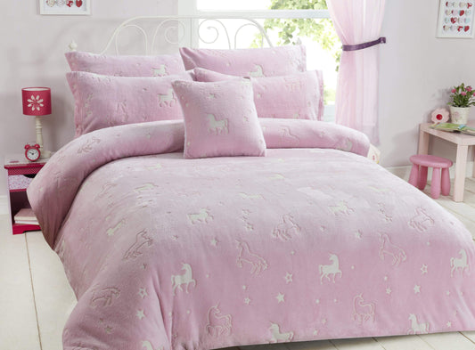 OLIVIA ROCCO Unicorn Glow In The Dark Teddy Duvet Set Pink For Kids OEKO-TEX Certified