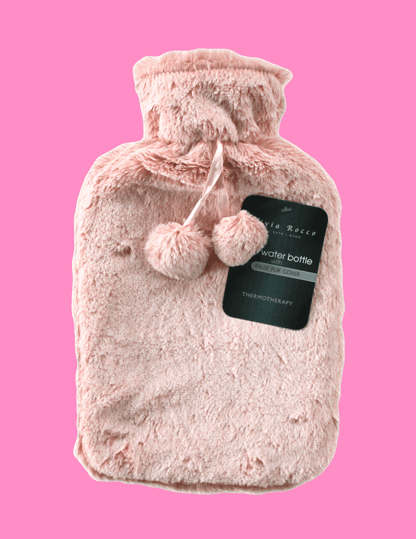 OLIVIA ROCCO Hot Water Bottle 2L With Faux Fur Pom Pom Cover Soft Plush Natural Rubber UK
