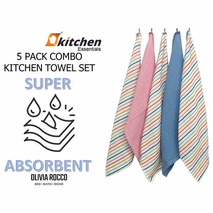OLIVIA ROCCO 5 Pack Cotton Kitchen Tea Towels Striped Ribbed Waffle 45cm x 65cm Quick Dry