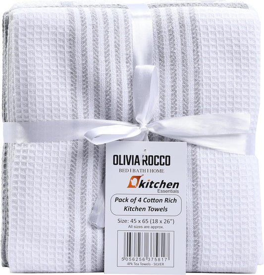 OLIVIA ROCCO Pack Of 4 Green Cotton Tea Towels 65x45 Cm High Absorbency Durable Super Soft Easy-Care Home Essential