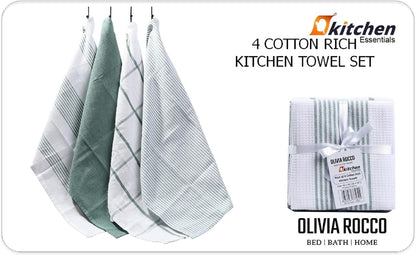 OLIVIA ROCCO Pack Of 4 Green Cotton Tea Towels 65x45 Cm High Absorbency Durable Super Soft Easy-Care Home Essential