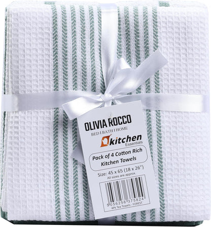 OLIVIA ROCCO Pack Of 4 Green Cotton Tea Towels 65x45 Cm High Absorbency Durable Super Soft Easy-Care Home Essential