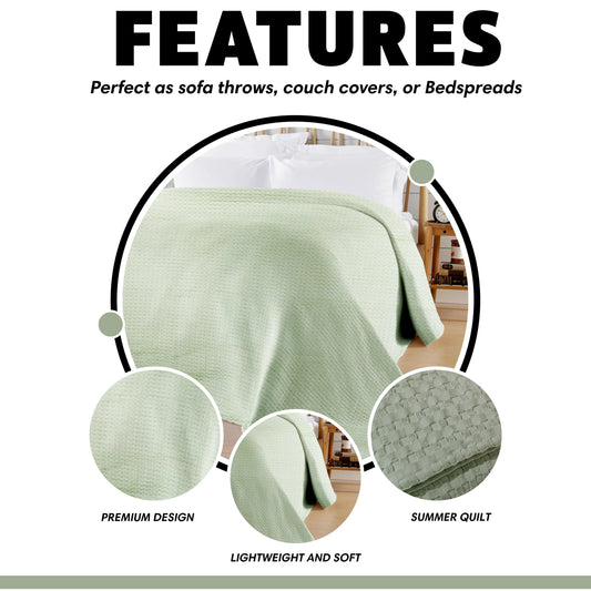 OLIVIA ROCCO Florian Checked Throw Blanket Sage Green 100% Cotton Bedspread For Sofas