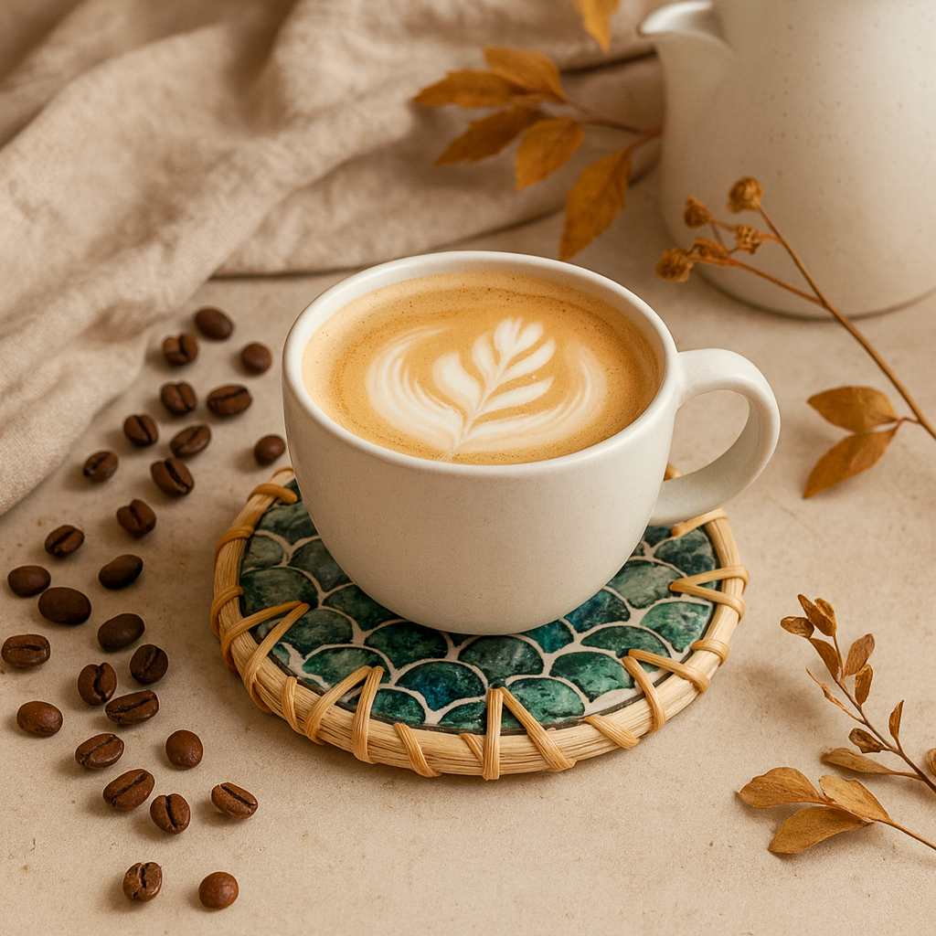 Handmade Natural Rattan & Mother of Pearl Coaster Set (6 Piece + Holder) • Cascade