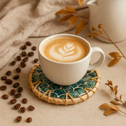 Handmade Natural Rattan & Mother of Pearl Coaster Set (6 Piece + Holder) • Cascade