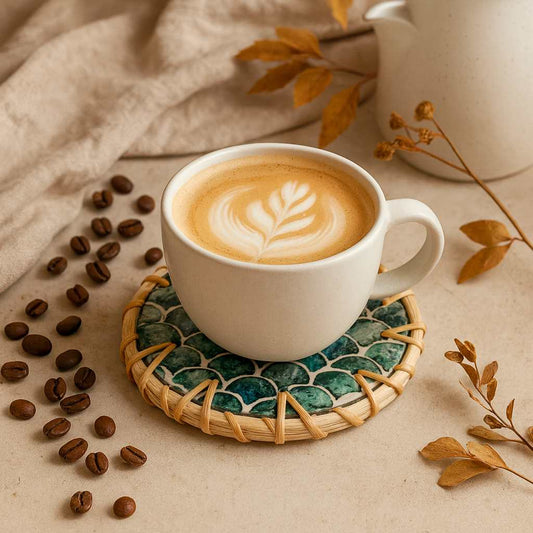 Handmade Natural Rattan & Mother of Pearl Coaster Set (6 Piece + Holder) • Cascade