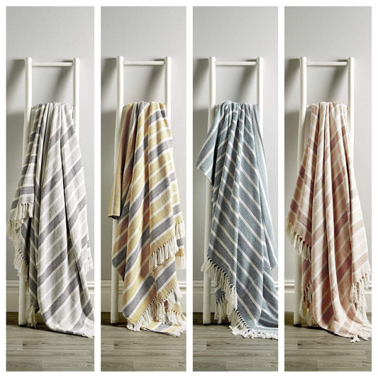 Stripe Handwoven Pure Cotton Throw Blanket with Tassells Eco-Friendly Perfect for Sofa Bed and Home Decor Available in Multiple Sizes and Calming Colours by OLIVIA ROCCO