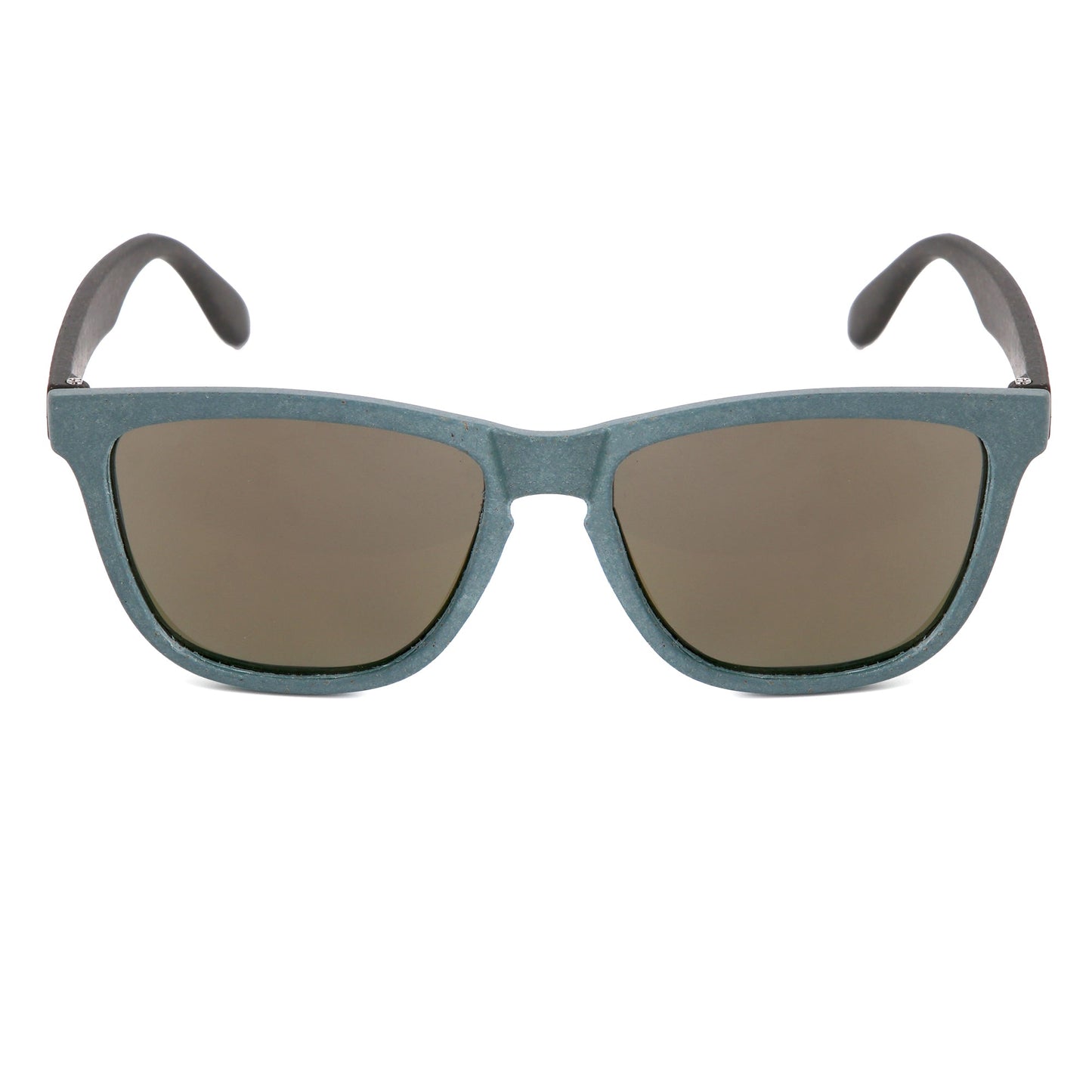 Sunglasses with blue frames and dark lenses on a white background