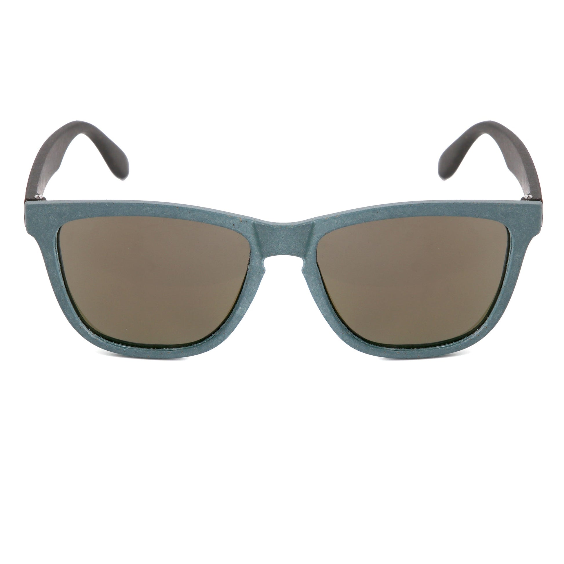 Sunglasses with blue frames and dark lenses on a white background