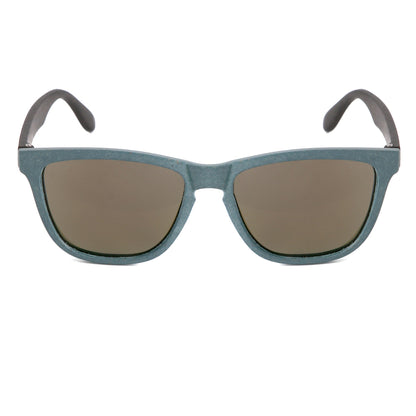 Sunglasses with blue frames and dark lenses on a white background