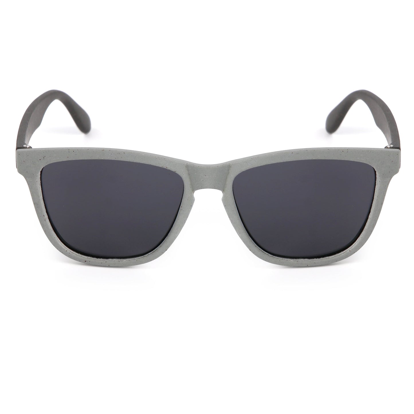 Sunglasses with gray frame and dark lenses on a white background