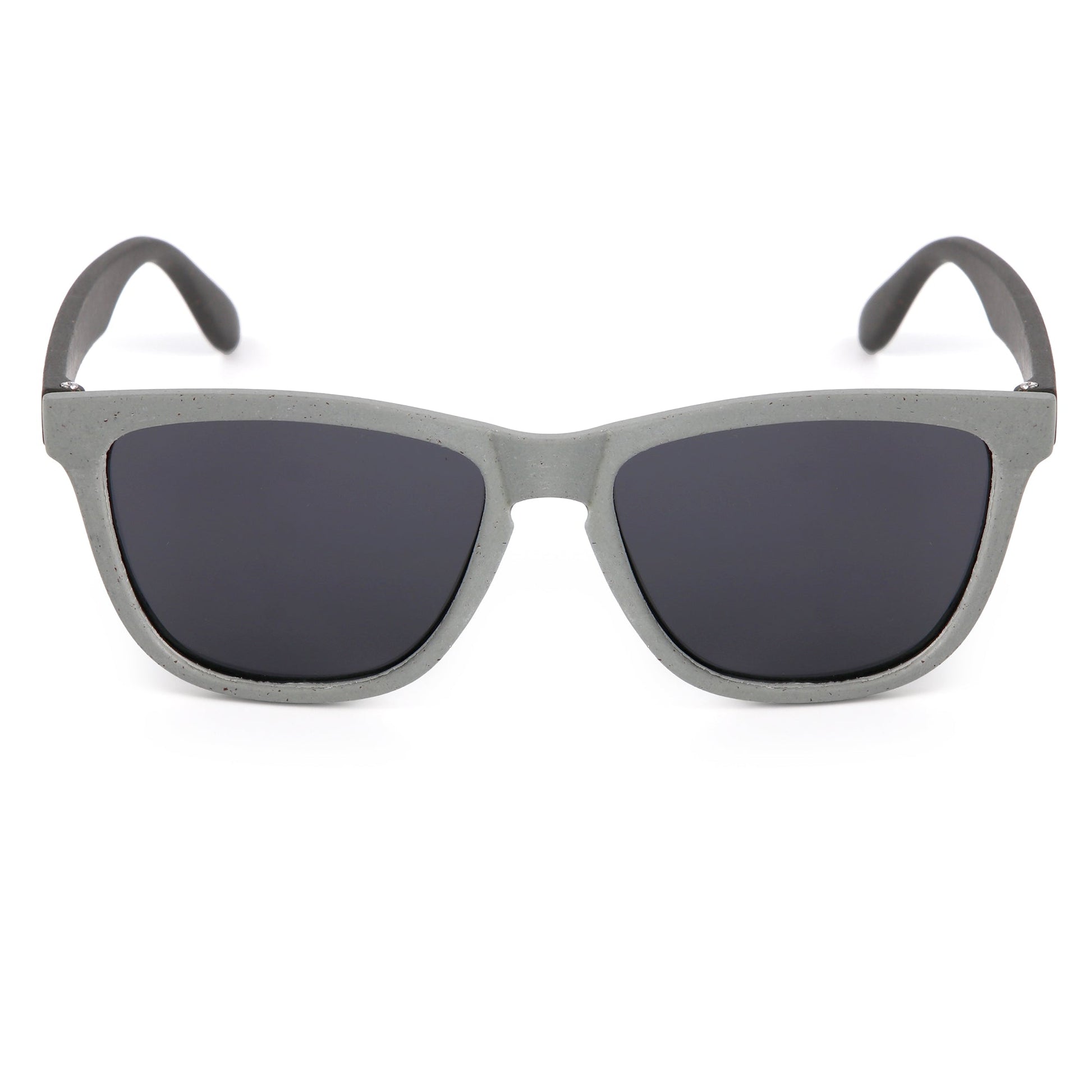 Sunglasses with gray frame and dark lenses on a white background